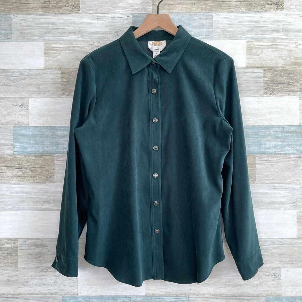 Talbots Vintage 90s Velveteen Shirt Green Button Down Casual Womens Medium